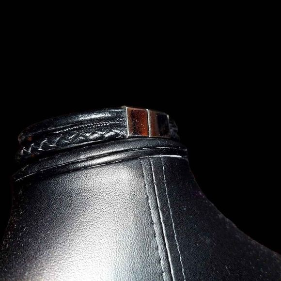 Black Faux Leather Bracelet Stack With Silver Details, 8.5" Length - Picture 3 of 6